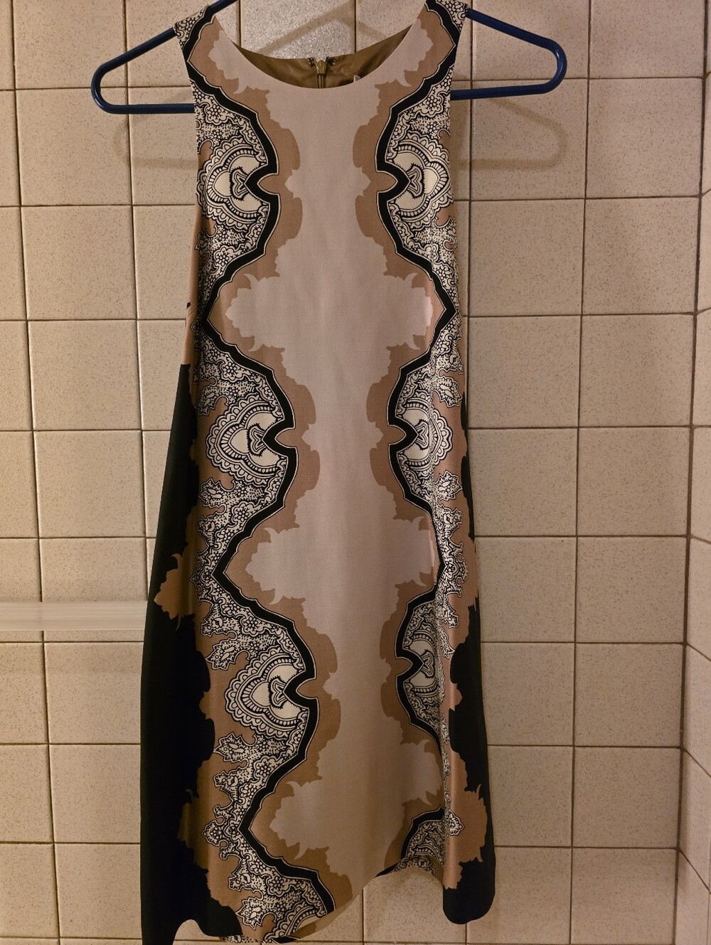 TIBI Sleeveless Patterned A-Line Dress in Beige and Black
